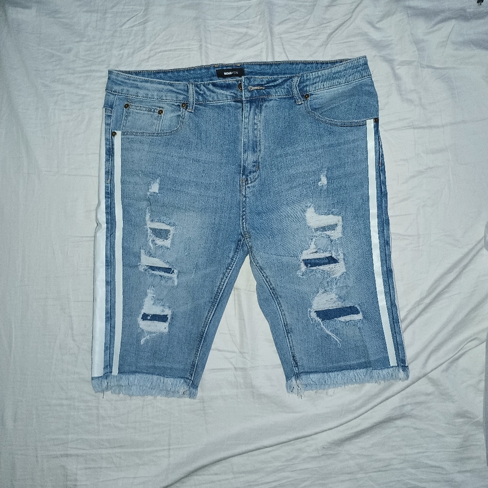 Blue and White Distressed Jean Shorts with Stripes